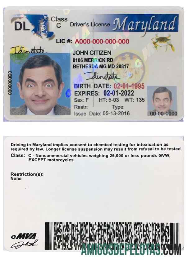 Carteira de habilitação dos EUA em Maryland 2003 2016 exemplo real